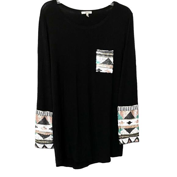 JODIFL LONG SLEEVE PULL-OVER KNIT TOP, WOMENS, L, BLACK WITH MULTICOLOR SEQUENCE - Picture 1 of 11